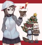  3girls :o aki_(girls_und_panzer) ankle_boots bangs blue_eyes blue_footwear blue_headwear blue_jacket blue_pants blue_skirt blunt_bangs boots brown_eyes brown_hair cake candle character_doll chocolate_cake christmas christmas_ornaments christmas_tree closed_mouth commentary emblem fang food food_on_face fruit garland_(decoration) girls_und_panzer hair_tie hand_in_pocket hat helmet highres holding holding_cake holding_food holding_shovel jacket katyusha_(girls_und_panzer) keizoku_military_uniform letterboxed light_brown_hair long_hair long_sleeves looking_at_viewer low_twintails mika_(girls_und_panzer) mikko_(girls_und_panzer) military military_uniform miniskirt morosuke multiple_girls open_mouth pants pants_rolled_up pleated_skirt pravda_(emblem) raglan_sleeves red_eyes red_hair red_ribbon ribbon short_hair short_twintails shovel skirt smile socks standing star_ornament strawberry track_jacket track_pants tulip_hat twintails uniform zipper 
