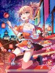  1girl :d aerial_fireworks architecture arm_tattoo asymmetrical_legwear bangs bracelet breasts building candy_apple chest_tattoo choker cleavage collarbone commentary_request dual_wielding east_asian_architecture fireworks food genshin_impact geta gloves hadanugi_dousa hair_between_eyes hair_ornament highres holding holding_fireworks japanese_clothes jewelry lantern light_brown_hair long_hair long_sleeves looking_at_viewer mismatched_legwear night night_sky obi obiage ponytail pouch rope sarashi sash scenery senkou_hanabi shimenawa sidelocks single_glove sky skyline smile solo sparkler tattoo torii viclim-monou vision_(genshin_impact) yellow_eyes yoimiya_(genshin_impact) 