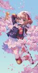  1girl :d arm_behind_head arm_guards backpack bag bangs beads beret blue_jacket blue_sky branch brown_hair cardcaptor_sakura cherry_blossoms chinese_commentary clear_sky commentary_request day elbow_pads falling_petals flower from_side full_body green_eyes hair_beads hair_intakes hair_ornament hat hei_yu highres holding_strap jacket jumping kero kinomoto_sakura knee_pads looking_at_viewer midair neckerchief open_mouth outdoors petals roller_skates sailor_collar school_uniform short_hair short_twintails skates skirt sky smile solo twintails white_headwear white_neckerchief white_skirt 