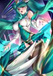  1girl absurdres breasts bridal_gauntlets cian_yo glasses green_eyes green_hair green_nails highres large_breasts league_of_legends long_hair open_mouth patreon_username solo sona_(league_of_legends) thighhighs twintails 