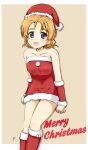  1girl arm_warmers artist_name bangs bare_shoulders blue_eyes boots braid brown_background christmas commentary cowboy_shot cursive dress english_text girls_und_panzer hat invisible_chair knee_boots looking_at_viewer ma-2_(konkon_kitakitsune) merry_christmas open_mouth orange_hair orange_pekoe_(girls_und_panzer) outside_border parted_bangs red_footwear red_headwear santa_boots santa_dress santa_hat short_dress short_hair signature simple_background sitting smile solo strapless strapless_dress twin_braids 