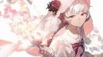  1girl :/ arcaea arms_at_sides backlighting bangs blurry blurry_background bow bowtie closed_mouth flower hair_flower hair_ornament highres hikari_(arcaea) light lobelia_(saclia) long_hair looking_at_viewer plant red_bow red_eyes red_flower sailor_collar shirt sidelocks simple_background solo standing upper_body veil white_background white_hair white_sailor_collar white_shirt 
