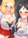  2girls black_eyes black_hair blonde_hair blue_eyes blush breasts character_request cleavage closed_mouth commission flower front-tie_top hair_flower hair_ornament half-closed_eyes harohapi!_shinonome_megu-chan_no_oheya highres indie_virtual_youtuber large_breasts looking_at_viewer midriff multiple_girls nose_blush open_mouth red_skirt shinonome_megu skeb_commission skirt smile thick_eyebrows virtual_youtuber yoshiwa_tomo 