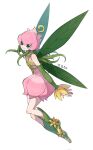  1girl bangs bare_shoulders detached_sleeves digimon digimon_(creature) dress from_side full_body green_eyes green_hair highres lillymon long_sleeves looking_at_viewer nail_polish pink_dress pink_headwear plant_hair plant_wings simple_background smile solo translation_request white_background wings youzaiyouzai112 