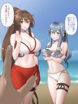  2girls beach bikini blue_eyes blue_hair blue_sky breasts brown_hair cherry_blossoms cloud commentary_request day feet_out_of_frame flower gotland_(kancolle) hair_flower hair_ornament huge_breasts kantai_collection large_breasts leaf_print long_hair majin_(marcia) mismatched_bikini multiple_girls official_alternate_costume outdoors ponytail pov pov_hands red_sarong sarong sky swimsuit translation_request white_bikini yamato_(kancolle) 