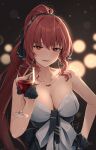  1girl bare_shoulders black_gloves black_ribbon breasts cleavage collarbone cup dress drinking_glass gloves greenkohgen hair_ribbon hand_on_hip highres holding holding_cup jewelry large_breasts long_hair looking_at_viewer mole mole_under_eye necklace ponytail punishing:_gray_raven red_eyes red_hair ribbon smile solo vera_(punishing:_gray_raven) wine_glass 
