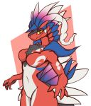  anthro blue_body blue_feathers breasts dima_(artist) dragon feathers featureless_breasts featureless_crotch female generation_9_pokemon head_feathers hi_res koraidon legendary_pokemon membrane_(anatomy) nintendo non-mammal_breasts nude pokemon pokemon_(species) red_body red_scales scales scalie solo standing video_games webbed_hands wheel 