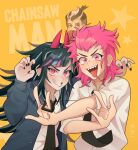  1girl 2boys :d bangs black_hair black_nails black_necktie braid chainsaw_man collared_shirt cosplay danganronpa_(series) danganronpa_2:_goodbye_despair denji_(chainsaw_man) denji_(chainsaw_man)_(cosplay) fang green_hair grin hands_up heterochromia highres horns jacket kiki_witch looking_at_viewer medium_hair multiple_boys nail_polish necktie open_clothes open_jacket pink_eyes pink_hair power_(chainsaw_man) power_(chainsaw_man)_(cosplay) red_scarf scarf sharp_teeth shirt short_sleeves side_braid smile souda_kazuichi star_(symbol) tanaka_gandamu teeth tongue tongue_out upper_body white_hair white_shirt yellow_background 