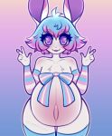  anthro belly bow_ribbon clothing gesture hi_res lagomorph legwear leporid male mammal pregnant pregnant_male rabbit solo symmetry thigh_highs trans_(lore) v_sign wellbredkitsune wide_hips 