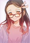  1girl alternate_costume alternate_eye_color alternate_hair_color ban_(one_ban7241) black_hair casual commentary glasses gradient_hair hair_ornament hair_ribbon highres jacket kamado_nezuko kimetsu_no_yaiba long_hair looking_at_viewer looking_over_eyewear multicolored_hair no_bangs pink_hair pink_ribbon pink_shirt portrait red-framed_eyewear red_hair ribbon shirt simple_background smile solo t-shirt upper_body white_background white_jacket yellow_eyes 