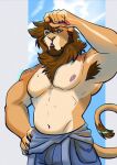  anthro armpit_hair beard bodily_fluids body_hair bottomwear brown_hair clothing cloud excallior facial_hair felid fur hair hand_on_hip heat_(temperature) hi_res lion male mammal mane musclegut muscular muscular_anthro muscular_male nipples pantherine pants shirtless sky solo sweat tail_tuft tan_body tan_fur tuft wiping_forehead 