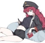  1girl black_headwear black_shirt blue_archive book breasts cellphone clothes_lift collared_shirt grey_eyes hat highres holding holding_book holding_phone iroha_(blue_archive) leaning_back leg_up long_hair military military_uniform navel peaked_cap pencil_skirt phone pillow red_hair shirt shirt_lift sitting skirt small_breasts smartphone uniform urec wavy_hair white_background 