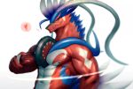  abs antennae_(anatomy) anthro biceps blue_body blue_feathers bust_portrait dragon feathers generation_9_pokemon head_feathers koraidon legendary_pokemon male membrane_(anatomy) muscular muscular_anthro muscular_arms muscular_male nintendo nipples pecs pokemon pokemon_(species) portrait pupils red_body red_scales scales scalie simple_background slit_pupils snoway solo video_games webbed_hands wheel white_background 