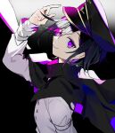  1boy arm_up bangs black_background black_cape black_hair black_headwear blue_hair buttons cape closed_mouth danganronpa_(series) danganronpa_v3:_killing_harmony from_side gradient gradient_background grey_background grey_jacket hat highres huyuharu0214 jacket looking_at_viewer multicolored_hair ouma_kokichi peaked_cap pink_hair purple_eyes smile solo torn_cape torn_clothes 