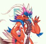  anthro blue_body blue_feathers dragon dudinhados feathers generation_9_pokemon gesture hand_on_hip head_feathers hi_res koraidon legendary_pokemon looking_at_viewer male membrane_(anatomy) narrowed_eyes nintendo nude pokemon pokemon_(species) pupils red_body red_scales scales scalie simple_background slit_pupils smile solo video_games waving webbed_hands wheel white_body white_scales yellow_eyes 
