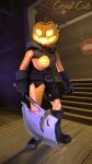  3d_(artwork) axe belt black_clothing bone boots bottomwear breasts clothed clothing digital_media_(artwork) female footwear gloves handwear hi_res horseless_headless_horsemann humanoid jack-o&#039;-lantern melee_weapon pumpkin_head skeleton solo source_filmmaker stairs team_fortress_2 topwear valve video_games weapon weegeen8or1337 