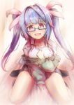  alternate_costume bespectacled black_socks blue_hair breasts collared_shirt flower-shaped_pupils glasses green_sweater hair_ribbon highres i-19_(kancolle) kantai_collection large_breasts long_hair long_sleeves looking_at_viewer open_mouth red_eyes ribbon shirt sitting socks sweater symbol-shaped_pupils tri_tails wariza white_shirt yomitsuna 