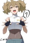 1girl :d afro_puffs asticassia_school_uniform bangs bodystocking breasts brown_eyes brown_hair commentary_request covered_navel crop_top fingerless_gloves gloves green_shorts gundam gundam_suisei_no_majo highres medium_breasts navel open_mouth renee_costa school_uniform shorts showhey!! smile solo twintails 