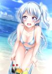  1girl absurdres ass_visible_through_thighs bag bang_dream! beach bikini blue_hair blue_sky breasts cleavage cloud commentary_request day feet_out_of_frame highres light_blue_hair long_hair matsubara_kanon one_side_up open_mouth outdoors plastic_bag purple_eyes sky small_breasts soda_bottle solo swimsuit thigh_gap tina_(pixiv37050289) white_bikini 