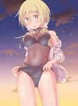  1girl absurdres bangs bare_legs blonde_hair blush breasts check_commentary cloud cloudy_sky commentary commentary_request dripping evening highres ichii_yui kirara_fantasia long_sleeves looking_at_viewer loose_clothes loose_shirt medium_breasts open_clothes open_mouth outdoors shirt sidelocks sky sweat swimsuit twintails water_drop wet wet_hair yellow_eyes yuukin yuyushiki 