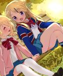  2girls 3kstqeut96knl2c alice_cartelet bench blonde_hair blue_skirt bow bowtie flag_print hair_bun hair_ornament hairclip highres kin-iro_mosaic kujou_karen loafers lone_nape_hair long_hair multiple_girls pleated_skirt purple_eyes shoes single_hair_bun single_side_bun skirt striped striped_bow striped_bowtie thighhighs twintails union_jack white_thighhighs 