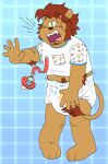  2022 5_fingers alder_(shanghaiohmy) anthro blush body_hair caught chibi clothed clothing covering covering_self cute_fangs diaper digital_drawing_(artwork) digital_media_(artwork) elbow_tuft embarrassed felid fingers flat_colors full-length_portrait happy_trail hi_res infantilism knock-kneed lion male mammal mane open_mouth pacifier pacifier_clip pantherine pantsless partially_clothed portrait reaching red_mane sheepypeepy shirt simple_background slusheep solo surprised_expression t-shirt topwear 