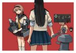  3girls admiral_(kancolle) black_hair black_skirt blue_sailor_collar blue_skirt chou-10cm-hou-chan_(teruzuki&#039;s) commentary_request corset cowboy_shot feet_out_of_frame gloves grey_eyes hatsuzuki_(kancolle) kantai_collection light_brown_hair long_hair machinery multiple_girls ooyodo_(kancolle) sailor_collar school_uniform serafuku short_hair short_sleeves skirt teruzuki_(kancolle) timmyyen trembling white_gloves wrench 