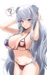  1girl ? absurdly_long_hair animal_ears arknights blue_eyes breasts hair_streaks heterochromia highres large_breasts long_hair looking_at_viewer multicolored_clothes multicolored_swimsuit raw_egg_lent red_eyes rosa_(arknights) smile solo spoken_question_mark swimsuit very_long_hair white_hair 