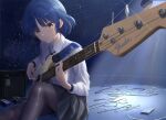  1girl absurdres bangs bass_guitar black_ribbon black_skirt blue_hair bocchi_the_rock! cable closed_mouth collared_shirt effects_pedal highres hoshino_nasubi instrument looking_at_viewer mole mole_under_eye music neck_ribbon pantyhose playing_instrument pleated_skirt ribbon school_uniform shirt shirt_tucked_in short_hair sitting skirt sky smile solo star_(sky) starry_sky white_shirt yamada_ryou yellow_eyes 