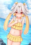  1girl absurdres bangs bare_arms bare_shoulders bikini blue_sky blush character_request closed_mouth cloud cloudy_sky collarbone commentary_request day double_bun grey_hair hair_between_eyes hair_bun hand_up headgear highres horizon looking_at_viewer navel nezumi_(09261377) nose_blush ocean outdoors red_eyes short_eyebrows sky smile solo swimsuit thick_eyebrows tower_of_fantasy water yellow_bikini 