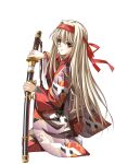  1girl absurdres alternate_costume animal_print bird_print brown_eyes drawing_sword headband highres holding holding_sheath holding_sword holding_weapon japanese_clothes kantai_collection katana kimono long_hair longmei_er_de_tuzi print_kimono red_headband scabbard sheath shoukaku_(kancolle) socks solo sword unsheathing weapon white_hair white_socks 