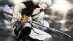  1boy bandaged_arm bandaged_hand bandages bangs black_footwear black_pants black_shirt boots cloud cloudy_sky collarbone gintama hadanugi_dousa hair_between_eyes hand_on_own_stomach highres holding holding_sword holding_weapon japanese_clothes katana kimono looking_away male_focus open_mouth outdoors pants red_eyes sakata_gintoki shirt short_sleeves sky solo squatting sword uraki_(tetsu420) weapon white_hair white_kimono 