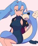  1girl arm_support bangs black_cape blue_hair bodysuit breasts cape clair_(pokemon) closed_mouth commentary_request dratini earrings gloves grey_eyes hair_between_eyes highres jewelry long_hair pokemon pokemon_(creature) pokemon_(game) pokemon_gsc ponytail sitting smile tyako_089 