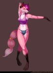  2017 accessory anthro bubblegum_(jimfoxx) canid canine chin_piercing claws clothing crossed_legs dancing ear_piercing female fox fur furgonomics hair half-closed_eyes hands_behind_head hi_res jewelry looking_at_viewer mammal narrowed_eyes navel navel_piercing navel_ring panties piercing pink_body pink_fur pose purple_hair renatetherat ring ring_piercing shirt smile smiling_at_viewer solo standing tail_accessory tail_jewelry tail_ring tank_top text toe_claws topwear underwear 