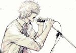  1boy from_side gintama hands_up highres holding holding_microphone jacket long_sleeves male_focus microphone microphone_stand open_clothes open_jacket open_mouth profile red_eyes sakata_gintoki shirt simple_background solo upper_body uraki_(tetsu420) white_background white_hair 