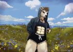  abs absurd_res blue_sky bottomwear bovid cannae_(gankgoat) caprine clothing cloud female flower gankgoat grass hi_res hood jacket mammal muscular painting phone plant sheep shorts sky topwear 