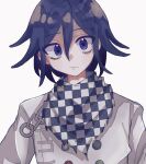  1boy :/ bangs buttons checkered_clothes checkered_scarf closed_mouth danganronpa_(series) danganronpa_v3:_killing_harmony double-breasted flipped_hair grey_background grey_jacket ha_kuishibare highres jacket male_focus ouma_kokichi purple_hair scarf simple_background solo torn_scarf 