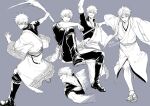  1boy afterimage bangs bokken boots closed_mouth gintama grey_background greyscale grin hadanugi_dousa hair_between_eyes highres holding holding_sword holding_weapon japanese_clothes kimono knee_up long_sleeves male_focus monochrome motion_blur multiple_views pants running sakata_gintoki shirt shoe_soles simple_background sitting smile standing sword twitter_username uraki_(tetsu420) v-shaped_eyebrows weapon wide_sleeves wooden_sword 