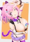  1girl ;p ahoge animal_ears arm_up artist_name bandaged_arm bandages bandaid bandaid_on_arm bangs bare_shoulders black_ribbon black_wrist_cuffs blue_hair bob_cut braid breasts candy cat_ears cat_tail cleavage closed_mouth clothes_pull colored_inner_hair dated detached_collar diagonal_stripes fingernails food food_between_breasts footprints frilled_cuffs from_above ghost_ornament grey_background hair_bobbles hair_intakes hair_ornament hairclip halloween highleg highres huge_breasts idolmaster idolmaster_cinderella_girls idolmaster_cinderella_girls_starlight_stage light_blush light_frown lips lollipop looking_at_viewer makeup miniskirt mokyutan multicolored_hair multicolored_nails multicolored_thighhighs nail_art nail_polish navel one_eye_closed orange_background pink_bandaid pink_eyes pink_hair pink_nails pink_thighhighs purple_nails purple_skirt purple_tail purple_thighhighs ribbon skirt smile solo stomach striped striped_tail striped_thighhighs tail thighhighs tongue tongue_out two-tone_hair v v_over_head vertical-striped_thighhighs vertical_stripes yumemi_riamu 