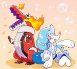  ambiguous_gender blue_hair duet duo eyes_closed feral fire generation_7_pokemon hair heart_tail nintendo pokemon pokemon_(species) primarina seegmuh singing skeledirge video_games yellow_eyes 