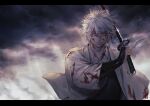  1boy arm_guards bangs blood blood_on_clothes blood_on_face closed_mouth cloud cloudy_sky gintama grey_hair hair_between_eyes highres holding holding_sword holding_weapon japanese_clothes katana kimono letterboxed looking_at_viewer male_focus outdoors red_eyes sakata_gintoki sky solo sunlight sword upper_body uraki_(tetsu420) weapon white_kimono 