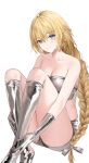  1girl absurdres bandeau bangs bare_shoulders blonde_hair blue_eyes boots breasts cleavage commentary fate_(series) gloves grey_footwear grey_gloves grey_ribbon grey_shorts hair_ribbon high_heel_boots high_heels highres jeanne_d&#039;arc_(fate) knees_up lillly long_braid long_hair looking_at_viewer midriff ribbon short_shorts shorts simple_background sitting smile solo strapless thighs tube_top very_long_hair white_background 