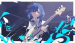  1girl bangs bass_guitar black_ribbon blue_hair bocchi_the_rock! collared_shirt highres instrument mole mole_under_eye music neck_ribbon playing_instrument ribbon school_uniform shinnasuka025 shirt short_hair solo standing white_shirt yamada_ryou yellow_eyes 