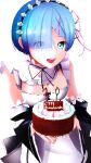  1girl absurdres apron bangs birthday_cake blue_eyes blue_hair breasts cake cleavage english_commentary eyes_visible_through_hair food hair_ornament highres its_just_dr looking_at_viewer maid maid_apron maid_headdress medium_breasts open_mouth re:zero_kara_hajimeru_isekai_seikatsu rem_(re:zero) roswaal_mansion_maid_uniform self_upload short_hair skirt smile solo white_background x_hair_ornament 