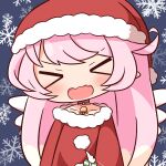  &gt;_&lt; 1girl bangs bell blush chibi closed_eyes collarbone dress facing_viewer fang fur-trimmed_dress fur-trimmed_headwear fur_trim grey_background hana_kazari hat highres long_hair neck_bell open_mouth pink_hair princess_connect! raphy_(princess_connect!) red_dress red_headwear santa_costume santa_hat simple_background snowflake_background solo very_long_hair wavy_mouth white_wings wings 