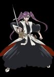  1girl absurdres black_background black_ribbon bleach bleach:_the_thousand-year_blood_war clenched_hand eyepatch fighting_stance full_body hair_between_eyes haori headband highres japanese_clothes katana long_hair looking_at_viewer oinari_(koheihei1109) purple_eyes purple_hair ribbon saitou_furoufushi shinigami smile solo sword teeth twintails weapon white_headband 