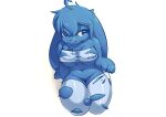  2022 absurd_res anthro blue_body blue_eyes blue_fur blue_hair breasts clothing digital_media_(artwork) female fur hair hi_res lagomorph legwear leporid macon_maro mammal navel rabbit simple_background smile solo stockings torn_clothing torn_legwear torn_stockings white_background 