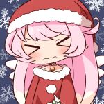  &gt;_&lt; 1girl bangs bell blush chibi closed_eyes closed_mouth collarbone dress facing_viewer fur-trimmed_dress fur-trimmed_headwear fur_trim grey_background hana_kazari hat highres long_hair neck_bell pink_hair princess_connect! raphy_(princess_connect!) red_dress red_headwear santa_costume santa_hat simple_background snowflake_background solo very_long_hair wavy_mouth white_wings wings 