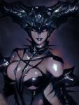  1girl bayonetta_(series) bayonetta_3 breasts collar david_liu demon_girl elbow_gloves gloves hair_horns highres large_breasts lipstick looking_at_viewer madama_butterfly makeup monochrome no_pupils nose revealing_clothes shiny shiny_skin solo spiked_collar spikes upper_body 