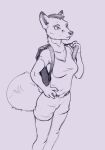  2022 anthro backpack bottomwear breasts canid canine clothing digital_media_(artwork) female fox hair hand_on_hip hi_res looking_up lord_magicpants mammal shirt shorts simple_background solo topwear 